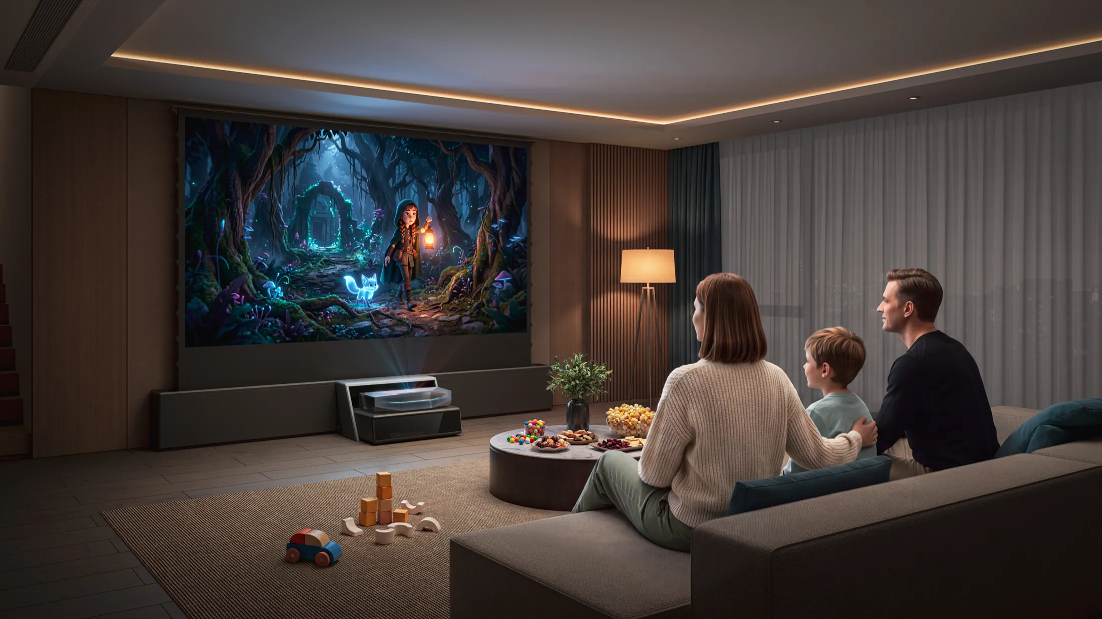 Vivid, color-rich animation projected in a bright living room