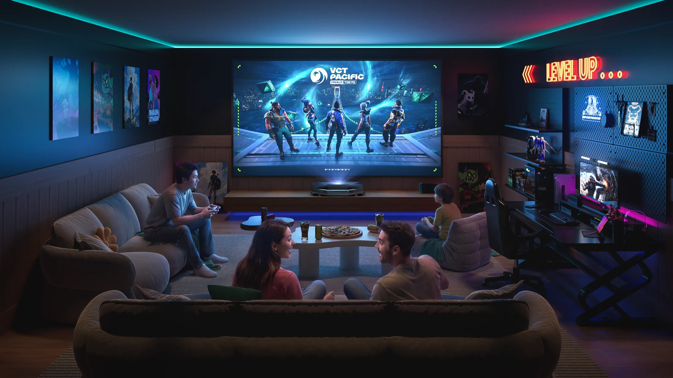 A gaming night on a giant projected screen